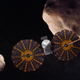 Artist’s conception of the Lucy spacecraft visiting Jupiter’s trojan asteroids.